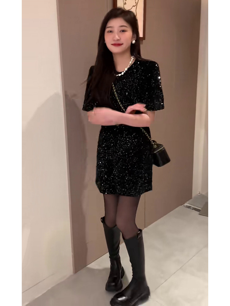 가벼운 럭셔리 작은 향기로운 스타일 스트레이트 스커트 스팽글 반짝이는 검은 드레스 여성 여름 착용 느슨한 작은 검은 치마