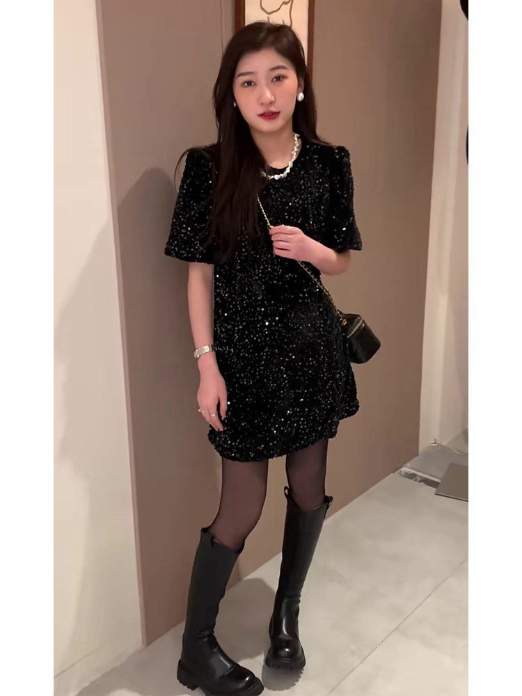 가벼운 럭셔리 작은 향기로운 스타일 스트레이트 스커트 스팽글 반짝이는 검은 드레스 여성 여름 착용 느슨한 작은 검은 치마