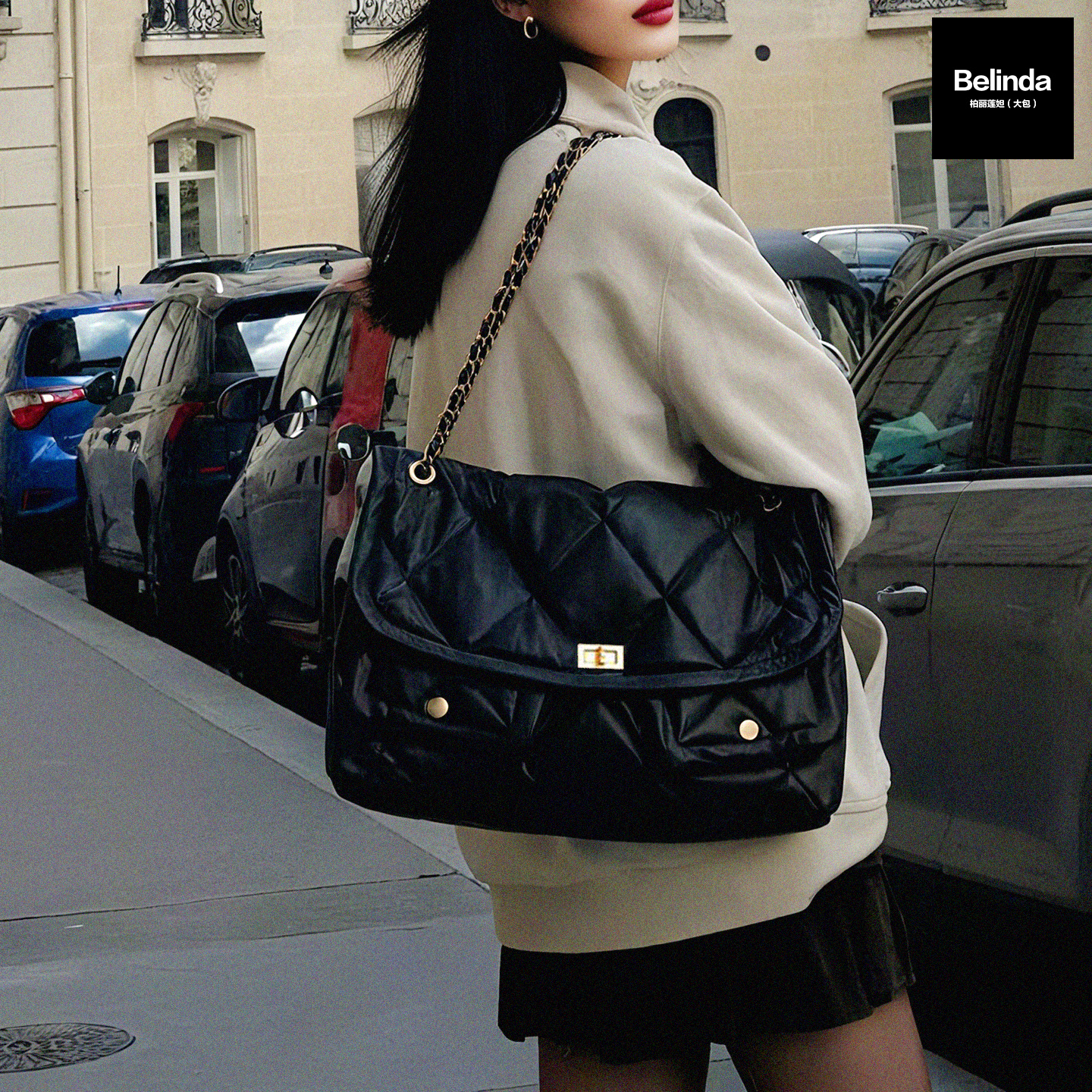 新款羊皮菱格链条锁扣大容量托特包手提单肩斜挎复古休闲通勤女包