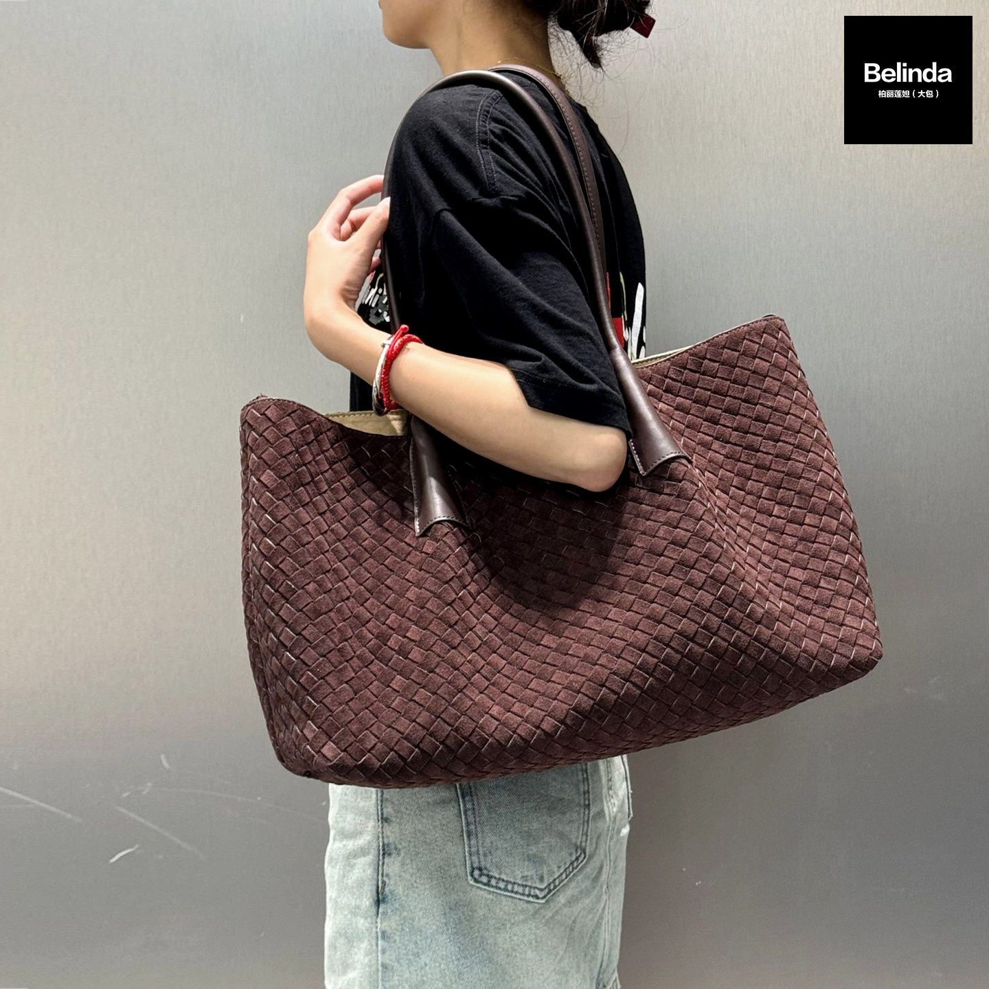 新款真皮麂皮编织百搭大容量托特包手提单肩斜挎复古休闲通勤女包