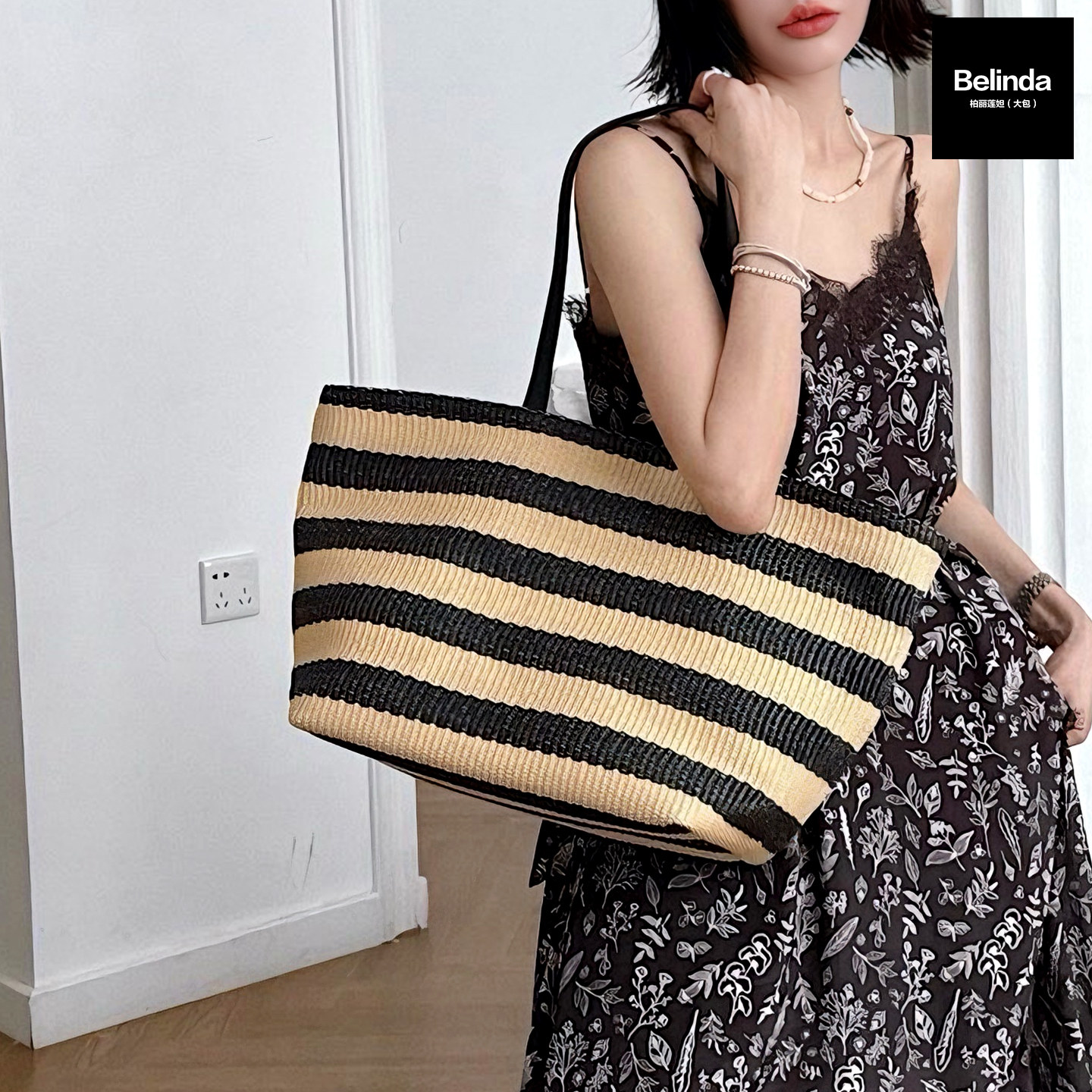 新款拉菲草编织条纹大容量托特包手提单肩度假复古休闲通勤潮女包