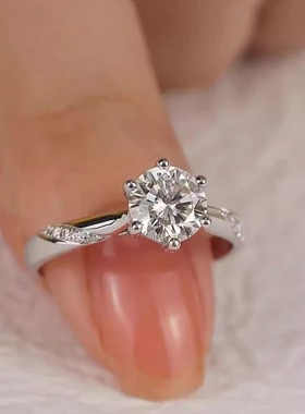 50分-3克拉【斜镶六爪】S925银镀白金莫桑石戒指女款简单大气