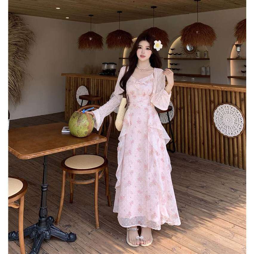 声雨竹大码法式碎花两件套女2026夏胖MM度假风针织罩衫荷叶边吊带