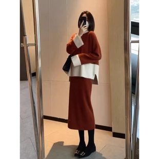 声雨竹大码女装秋冬新款针织套装女胖妹妹慵懒风高级感红色毛衣半