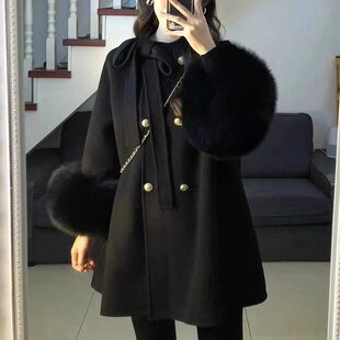 声雨竹富家千金黑色毛呢外套女冬季大码胖mm高级感时髦独特加厚呢