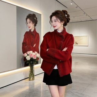 声雨竹新年氛围感红色短款毛呢外套女冬季大尺码微胖mm立领羊羔毛