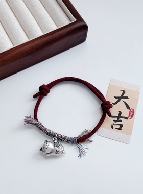 足银999手工编织躺赢喵手绳开运猫咪手链