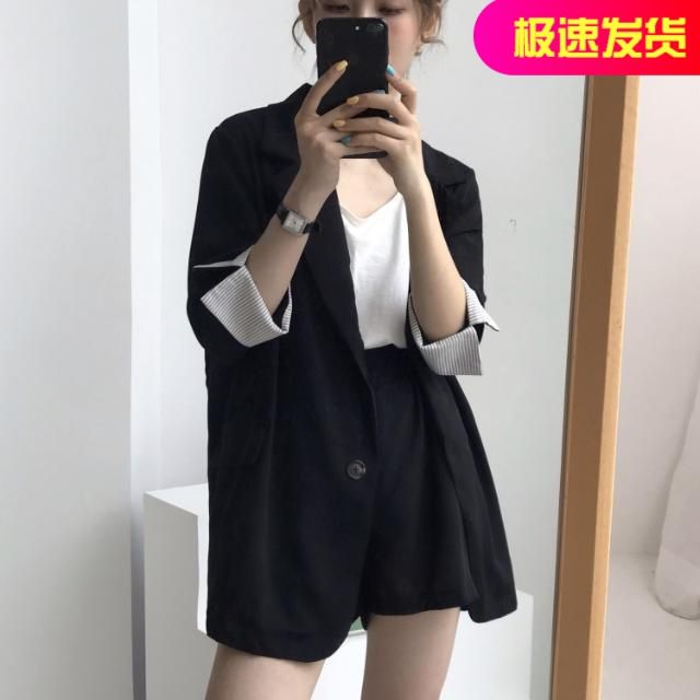 春夏三件套小西服外套女阔腿短裤时尚套装职业装网红新款韩版宽松