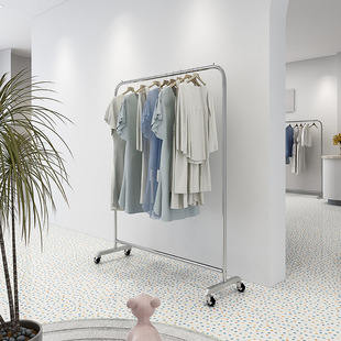 不锈钢拉丝银服装 展示架直播间带轮子挂衣架衣服货架移动衣帽架