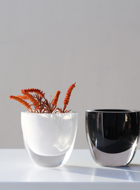 新款现代简约加厚玻璃宽口平口碗状花瓶色料黑白花盆家居摆件