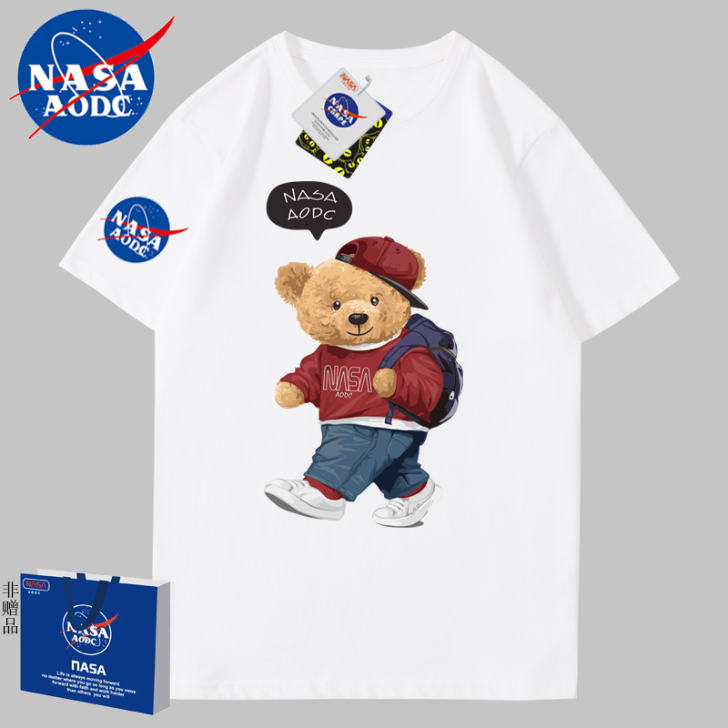 NASA AODC联名2023新款夏款小熊印花纯棉短袖T恤情侣潮宽松