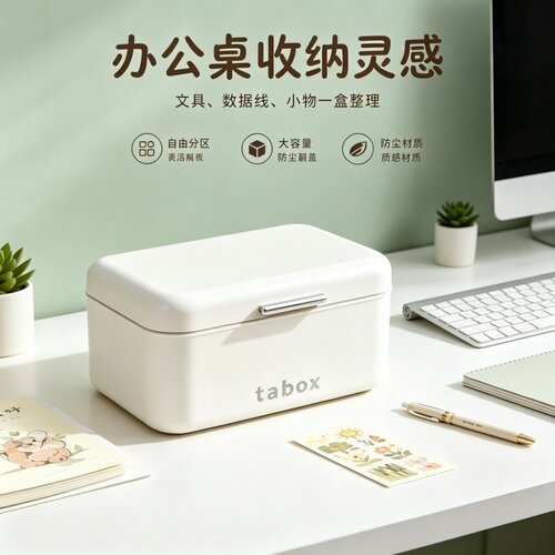 奶油风带盖分格桌面收纳盒