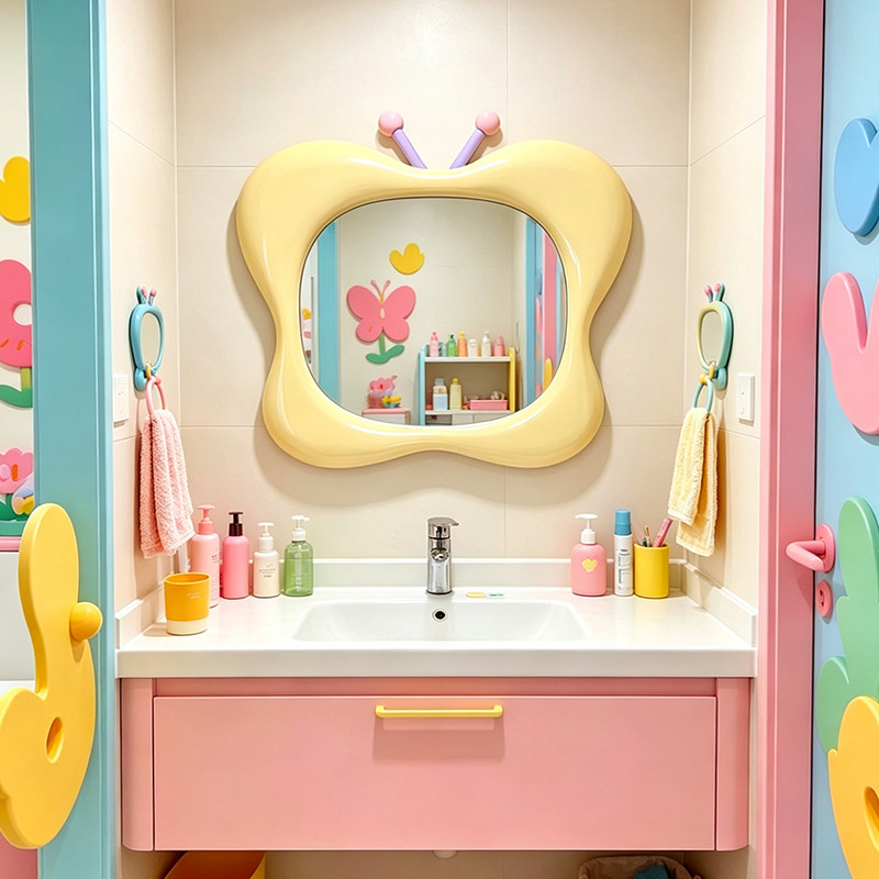 创意可爱蝴蝶造型浴室镜儿童卫生间智能洗漱镜卧室LED发光化妆镜