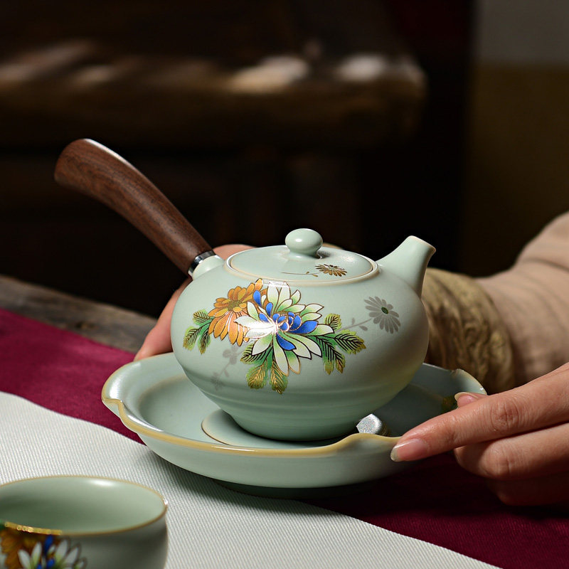 若善汝窑侧把茶壶泡茶器套装陶瓷大号大容量家用扒花汝瓷过滤单壶