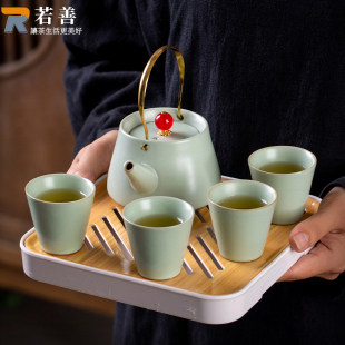汝窑提梁壶旅行茶具便携式 一壶四杯旅游户外露营喝茶装 备茶杯套装