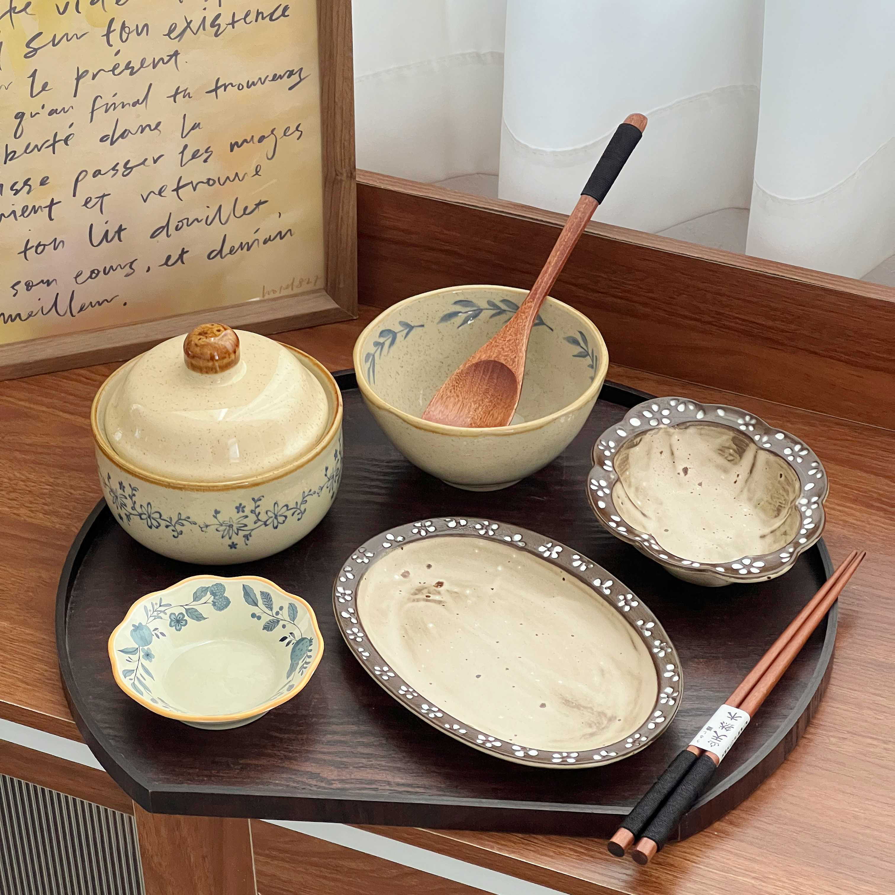 青蔓复古粗陶一人食月子餐具套装