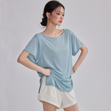 宽松薄款瑜伽服女中长款运动短袖透气垂感健身上衣显瘦普拉提t恤