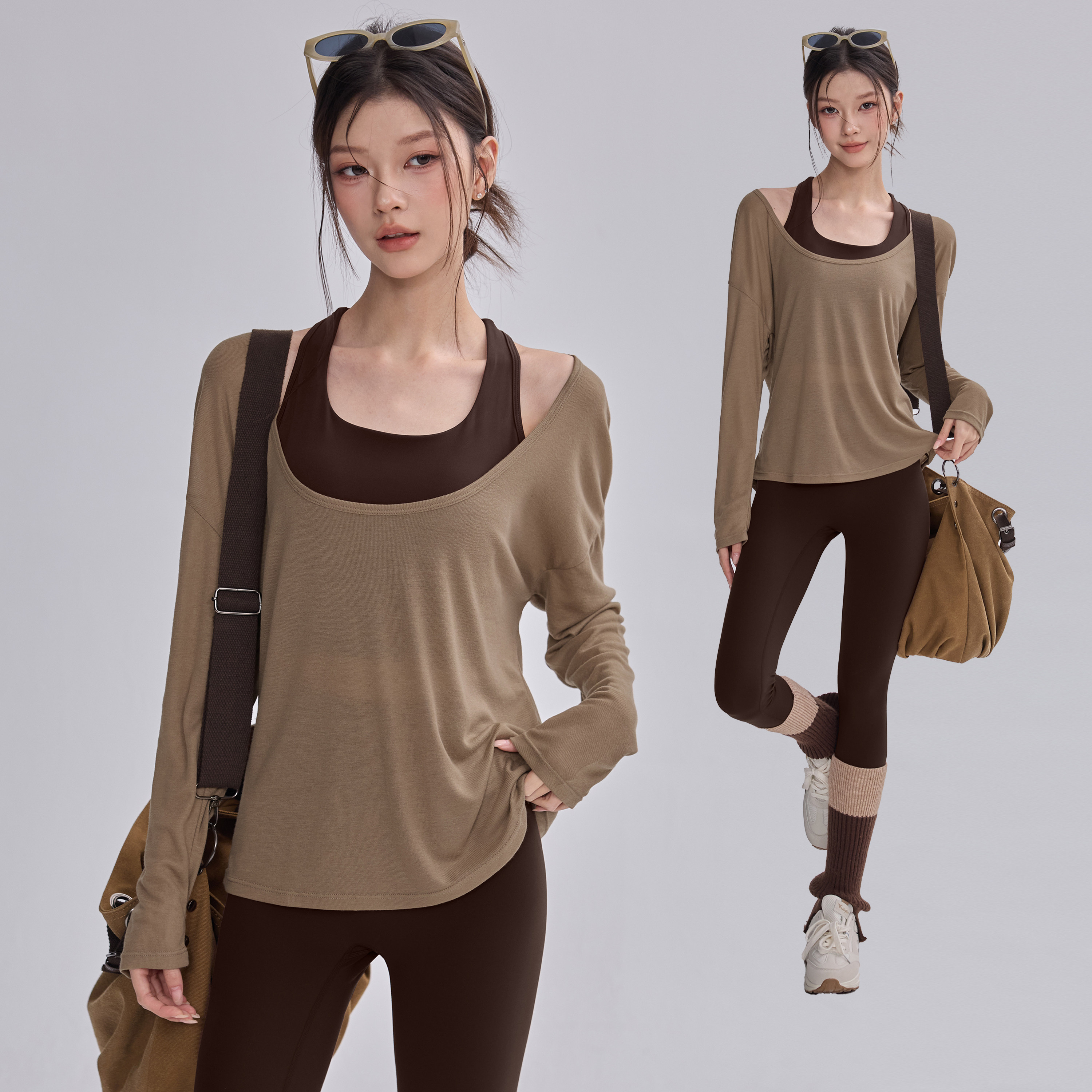 宽松瑜伽服罩衫女普拉提训练秋冬长袖透气上衣2025健身运动套装新