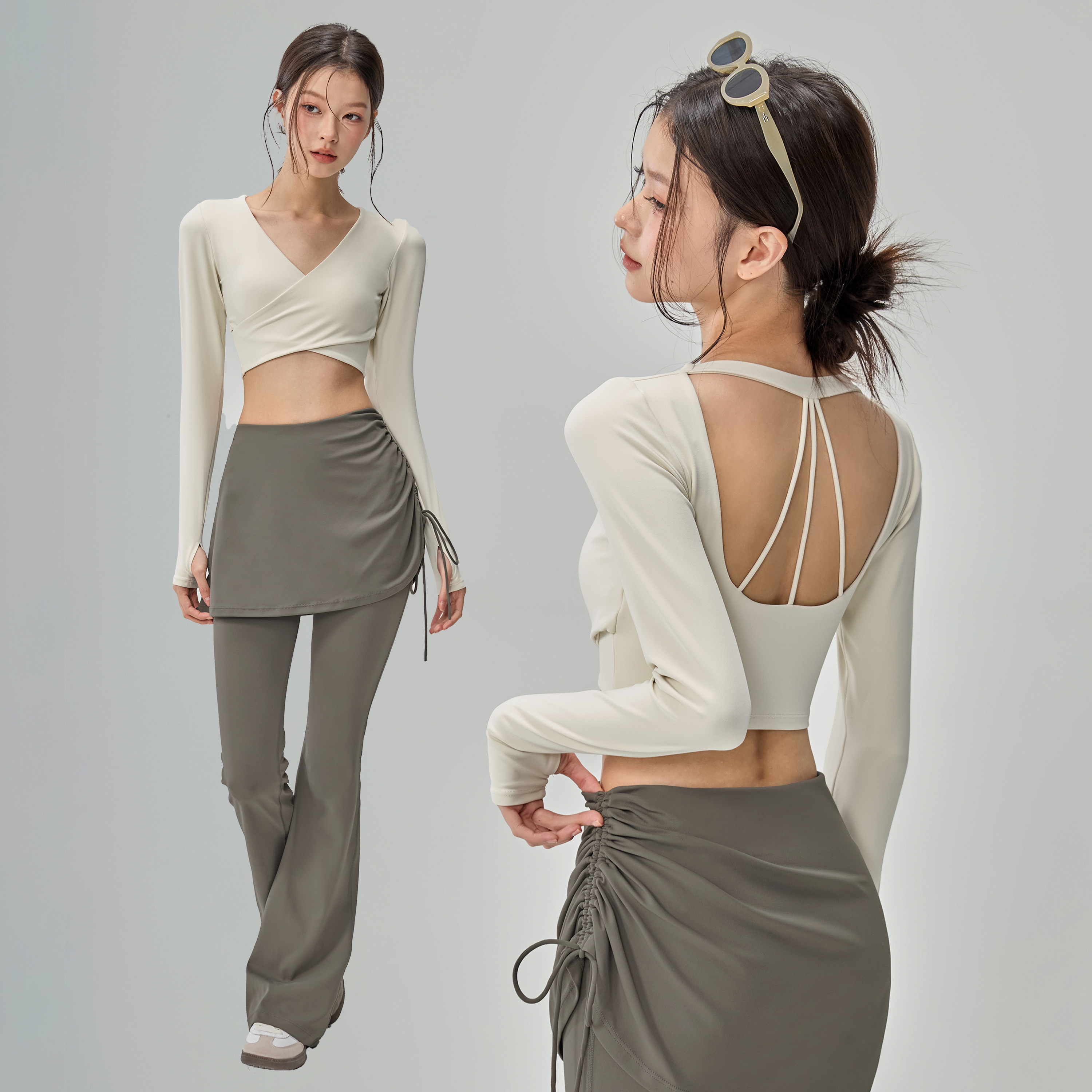 带胸垫瑜伽服女v领外穿裸感聚拢美背运动长袖普拉提训练健身上衣