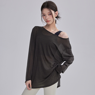 宋站宽松瑜伽服T恤女薄透气速干健身罩衫 上衣 显瘦普拉提训练长袖