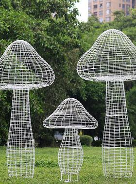 不锈钢铁艺镂空蘑菇雕塑户外园林售楼部草坪网格金属发光植物摆件
