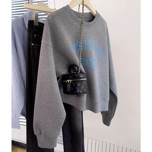 2026秋冬新款灰色圆领套头卫衣女秋装韩系慵懒风短款无帽长袖上衣