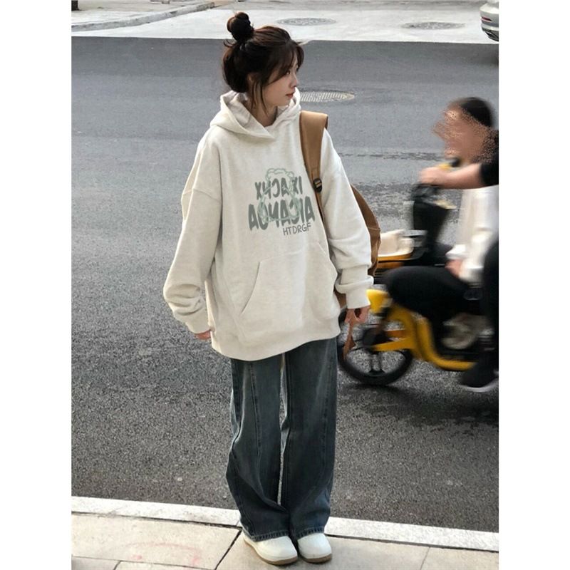 小个子连帽慵懒风卫衣女秋冬新款宽松大版学生设计感外套