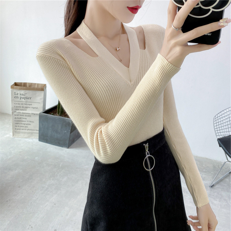 纯欲风镂空挂脖v领针织衫女早设计感毛衣打底衫上衣