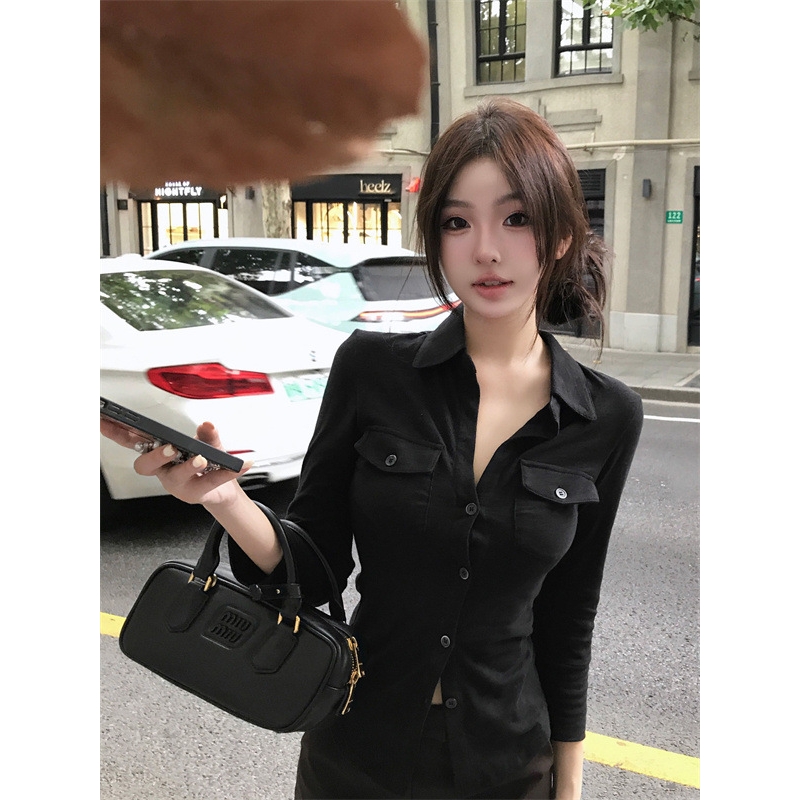 纯欲POLO领长袖衬衫女秋季新款收腰修身设计感小众美式甜辣小上衣