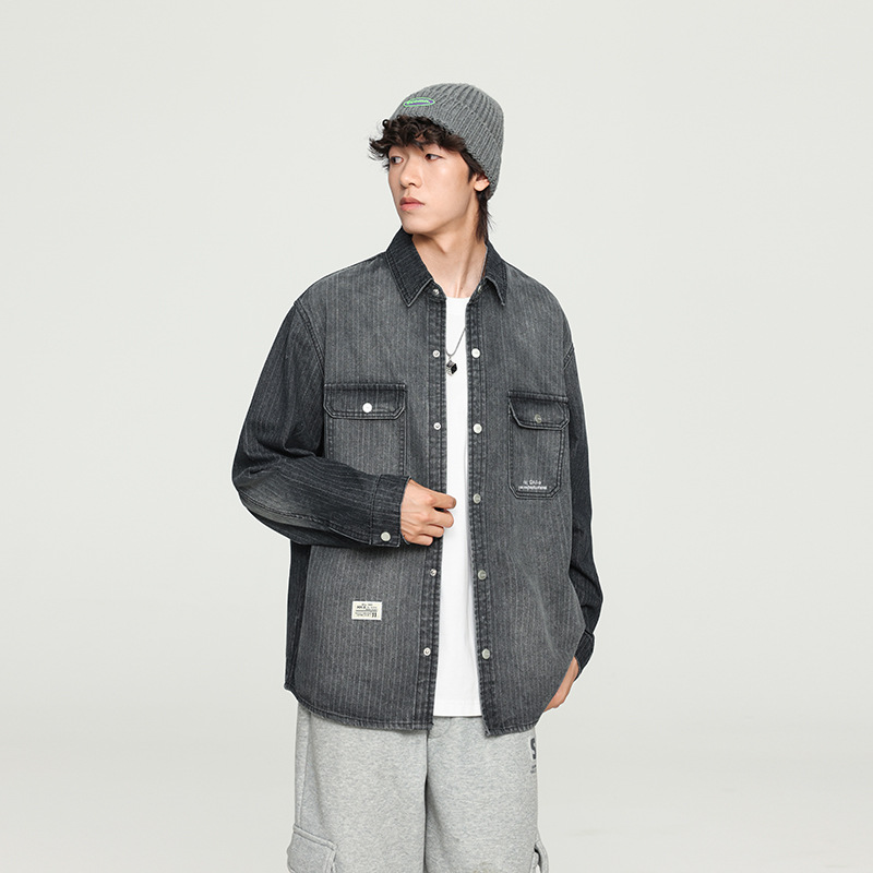 牛仔衬衫男水宽松潮流百搭休闲工装外洗做旧套春季薄款情侣款夹克