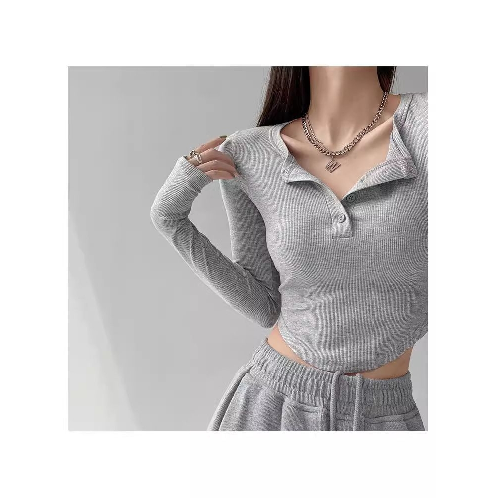 长袖t恤女四季显瘦纯欲风半开领纯色打底衫修身显瘦辣妹短款上衣