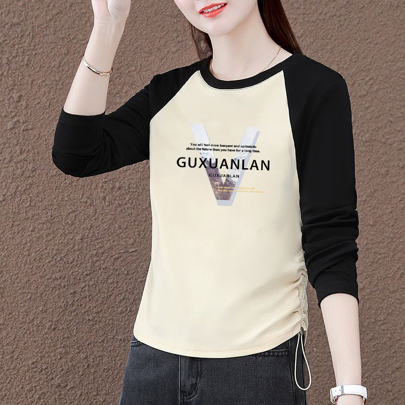 纯棉撞色长袖t恤女春秋新款韩版宽松遮肚子显瘦体恤上衣ins潮