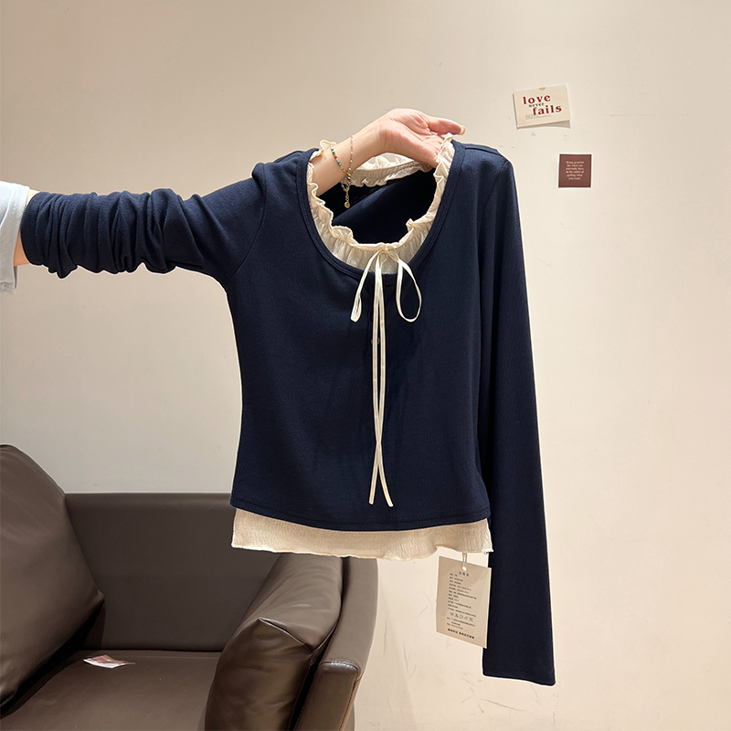 藏蓝木耳边长袖t恤女2025春季韩系设计感假两件拼接打底内搭上衣