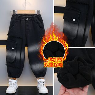 男童加绒牛仔工装裤儿童休闲宽松灯笼裤秋冬新款中小童加厚牛仔裤