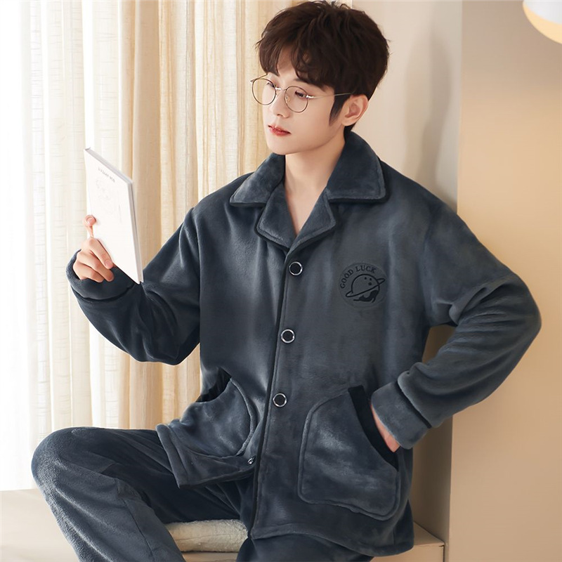 秋冬加厚法兰绒睡衣男套装中青年珊瑚绒家居服加绒开衫大码保暖