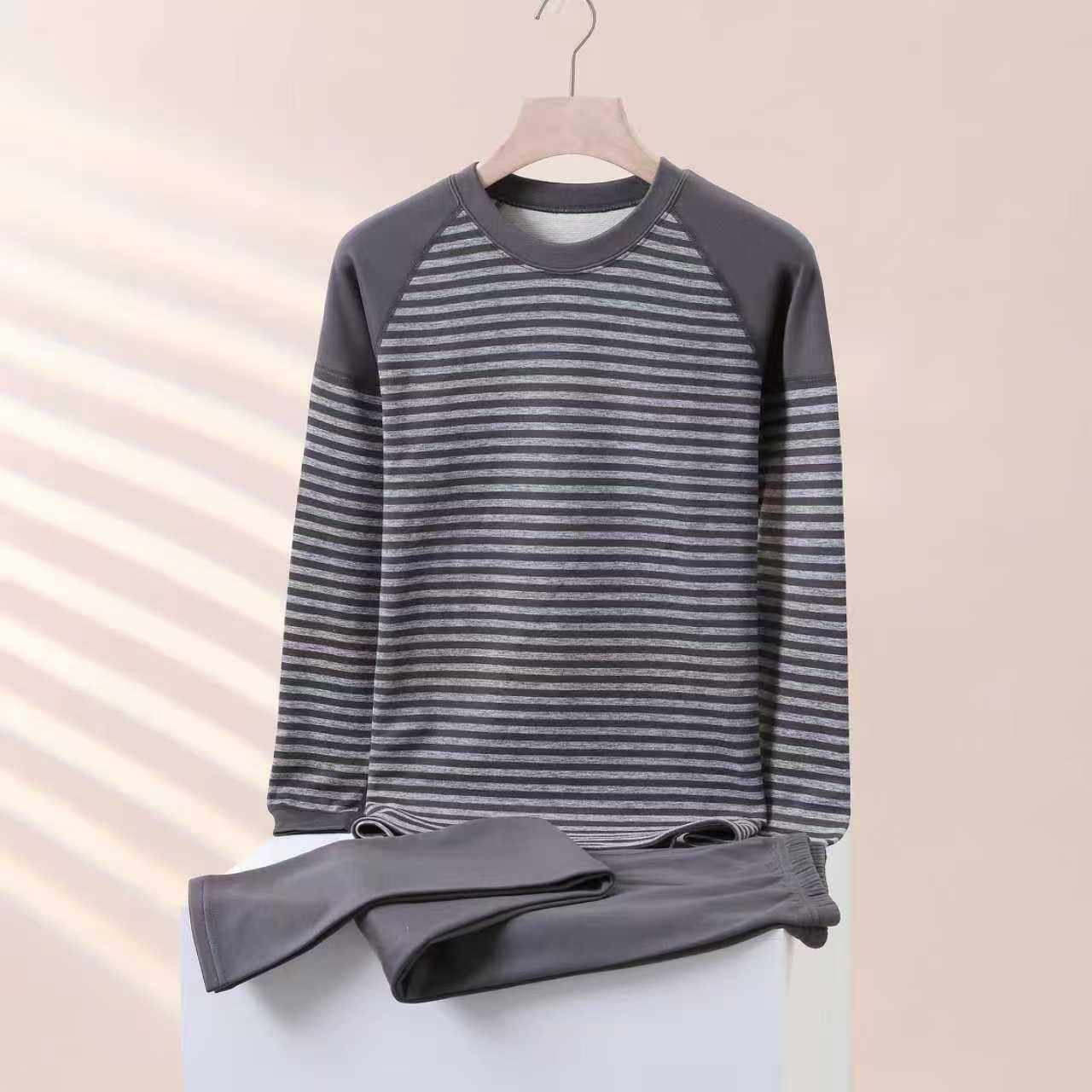 中大童秋衣秋裤套装男青少年保暖内衣圆领打底衫长袖冬季德绒条纹