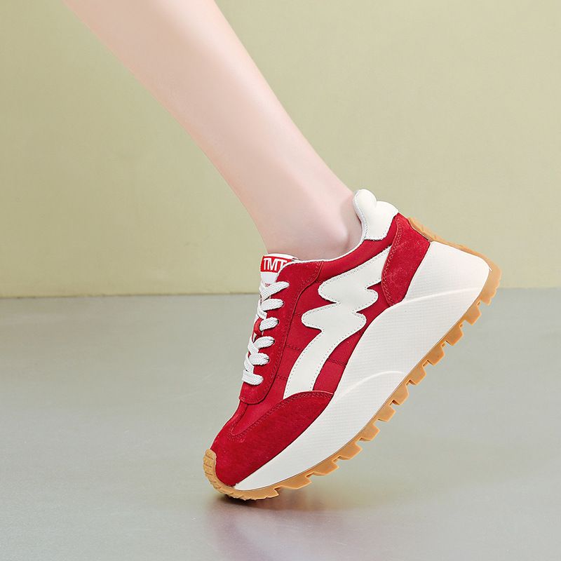 超火老爹鞋春季新款小个子增高厚底休闲运动红色华夫阿甘女鞋