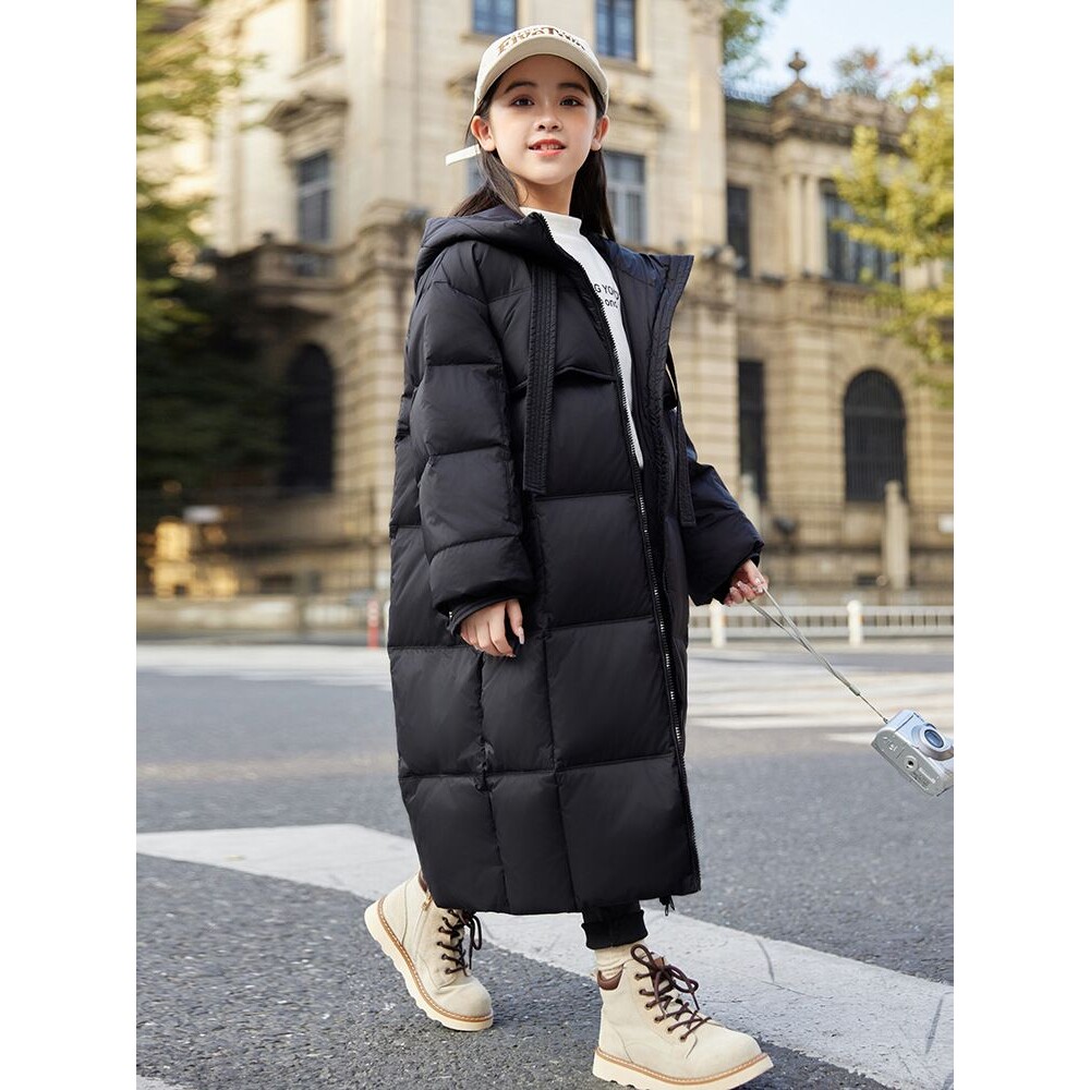 秋冬新款儿童羽绒服女童中长款白鸭绒女孩中大童连帽过膝外套