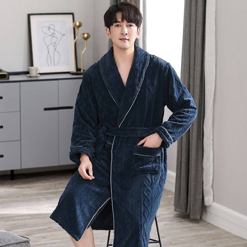 男士睡袍男款冬季珊瑚绒加厚加绒法兰绒浴袍纯色大码睡衣男秋冬款