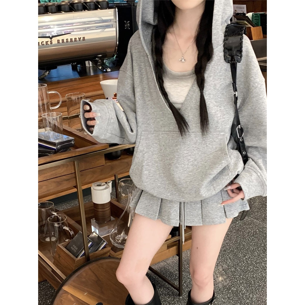 双层连帽卫衣女秋冬装韩版宽松大码设计感春秋百搭慵懒风上衣外套