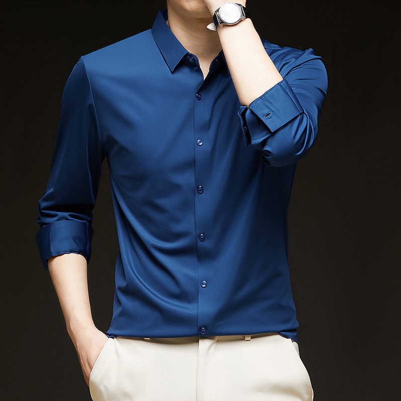 纯色无痕长袖衬衫男士秋季冰丝上衣免烫商务休闲衬衣男打底职业装