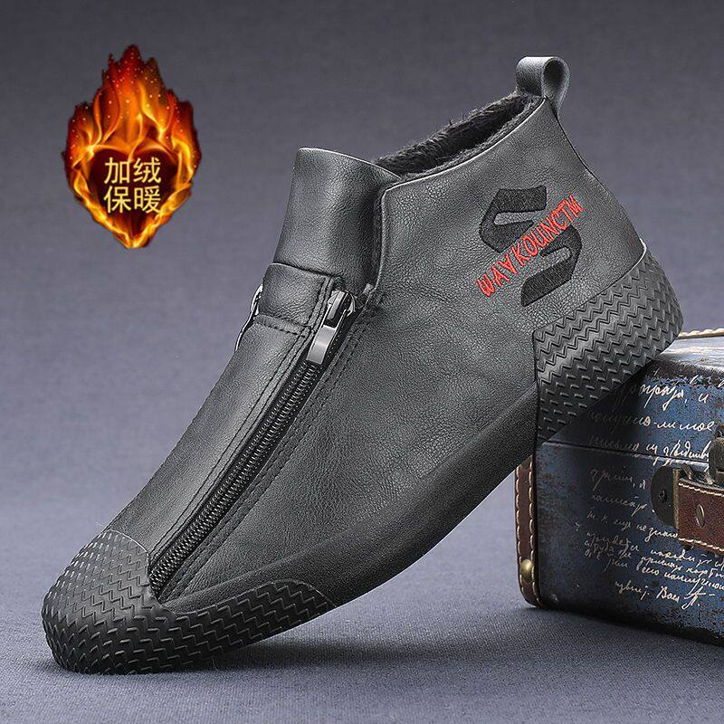 冬季靴子男低帮雪地靴一脚蹬懒人棉鞋加绒高帮鞋保暖棉舒适男靴