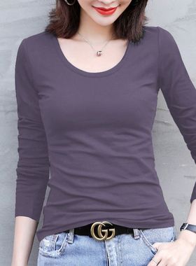 烟灰色长袖T恤女修身圆领打底衫女内搭春秋新款黑色上衣女