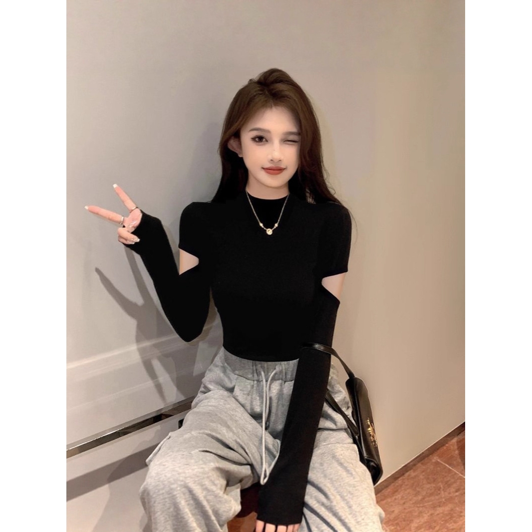 螺纹黑色半高领打底衫女春秋内搭设计感长袖t恤针织紧身短款上衣
