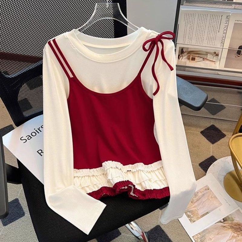 设计感荷叶边撞色假两件长袖t恤女春秋2025新款别致修身打底上衣