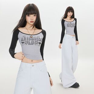 秋冬白灰高腰阔腿裤牛仔裤女宽松显瘦梨形身材垂感拖地直筒裤子女