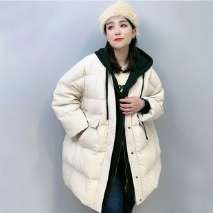 韩版加厚加大码300斤羽绒服女冬季新中长款白鸭绒连帽假两件外套