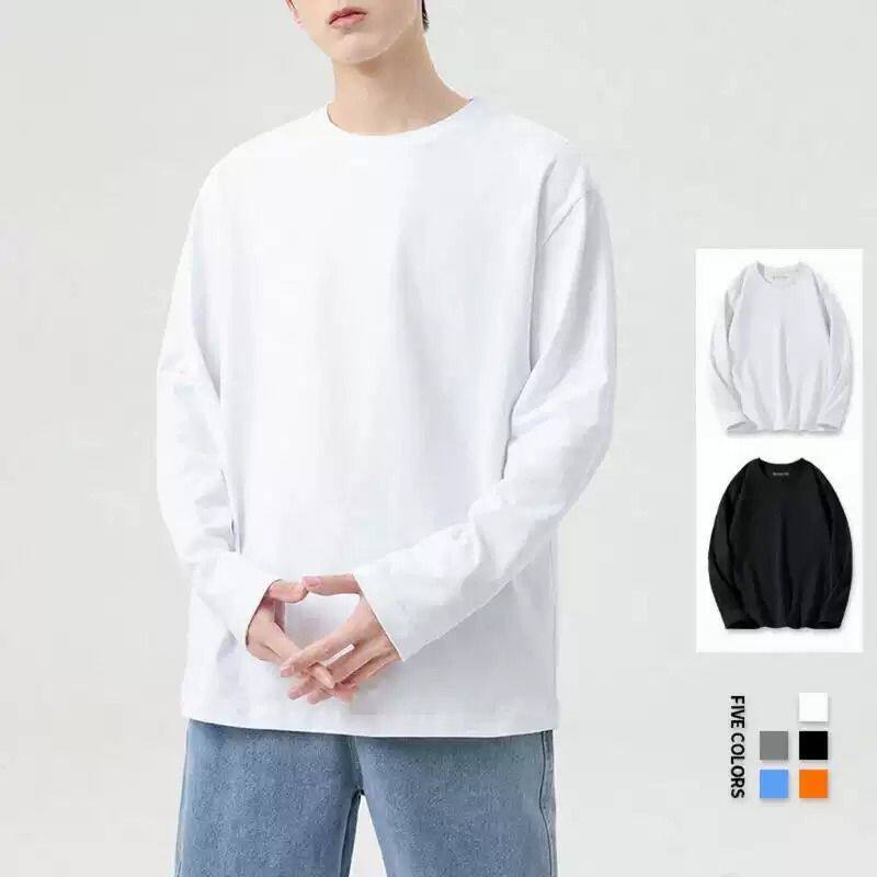 纯棉200g平口内搭打底衫女秋长袖纯棉正肩T恤男圆领纯色情侣衣服