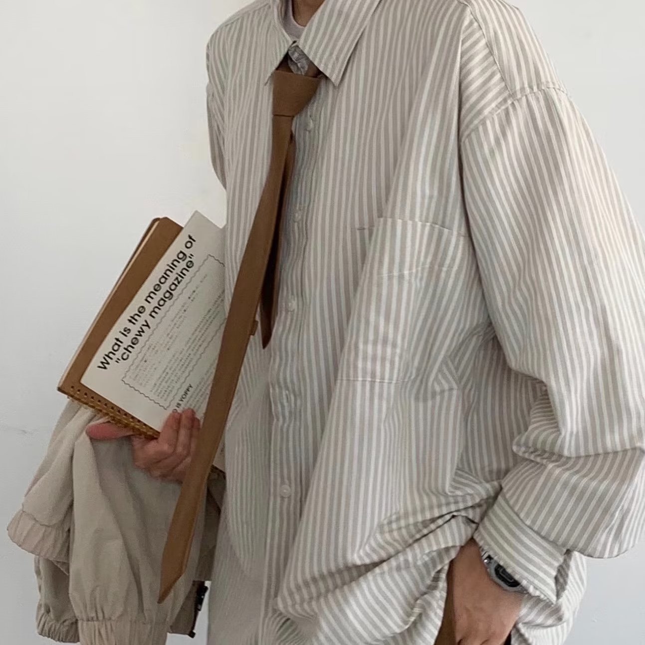 春秋季日系复古浅色条纹长袖衬衫男女生学院风宽松休闲衬衣外套潮