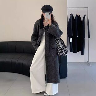 2025拼接领撞色人字纹双面羊绒大衣娃娃领宽松羊毛外套女通勤风